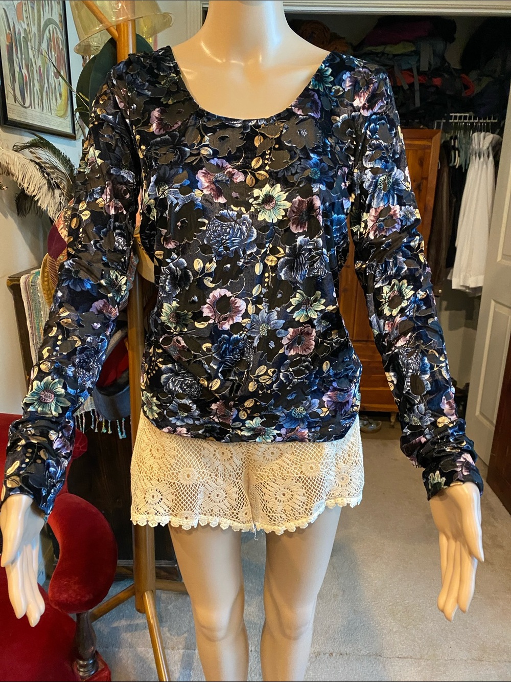 Free People Black Floral Burnout Velvet Long Sleeve Top